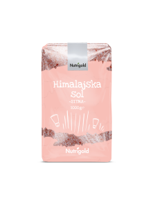 Nutrigold finely ground Himalayan salt in a transparent packaging of 1000g