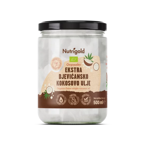 Nutrigold organic extra virgin coconut oil in a 500ml jar