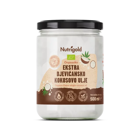 Nutrigold organic extra virgin coconut oil in a 500ml jar
