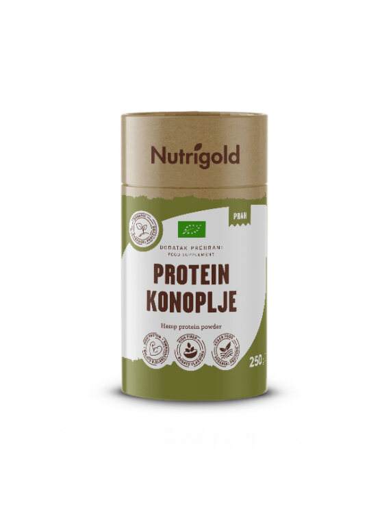 Nutrigold organic hemp protein in greenish cardboard cylinder shaped packaging of 250g