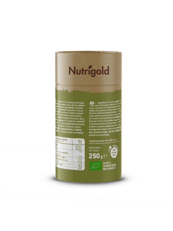 Nutrigold organic hemp protein in greenish cardboard cylinder shaped packaging of 250g