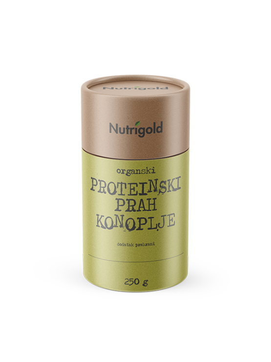 Nutrigold organic hemp protein in greenish cardboard cylinder shaped packaging of 250g