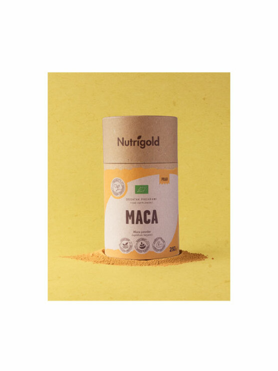 Nutrigold organic maca powder in orange cardboard cylinder shaped packaging of 250g