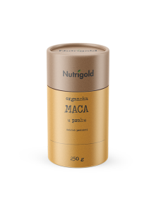 Nutrigold organic maca powder in orange cardboard cylinder shaped packaging of 250g
