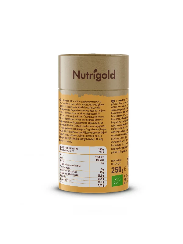Nutrigold organic maca powder in orange cardboard cylinder shaped packaging of 250g