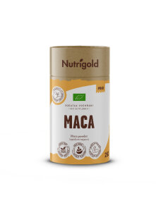 Nutrigold organic maca powder in orange cardboard cylinder shaped packaging of 250g