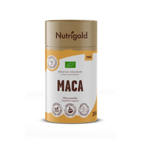 Nutrigold organic maca powder in orange cardboard cylinder shaped packaging of 250g