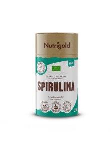 Nutrigold organic spirulina powder in a green cylindrical cardboard packaging of 250g