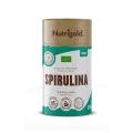 Nutrigold organic spirulina powder in a green cylindrical cardboard packaging of 250g