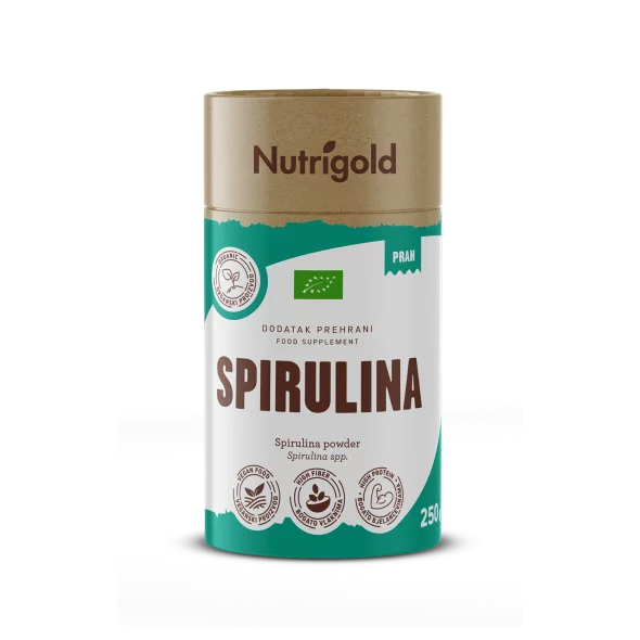 Nutrigold organic spirulina powder in a green cylindrical cardboard packaging of 250g