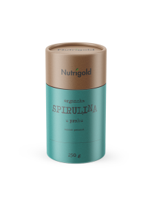 Nutrigold organic spirulina powder in a green cylindrical cardboard packaging of 250g