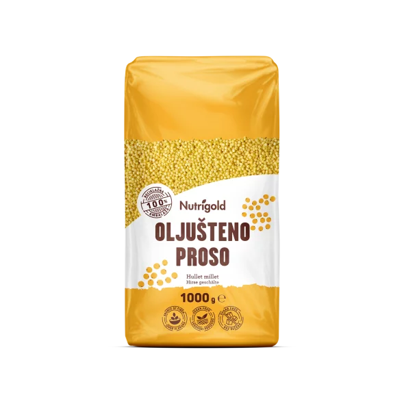 Nutrigold hulled millet in a transparent packaging of 1000g