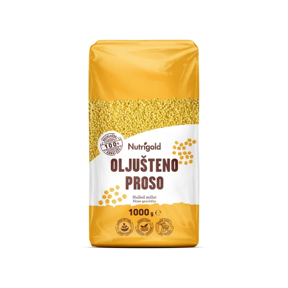 Nutrigold hulled millet in a transparent packaging of 1000g
