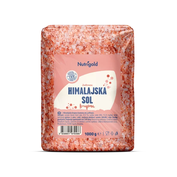 Nutrigold Himalayan coarse salt in a transparent packaging of 1000g