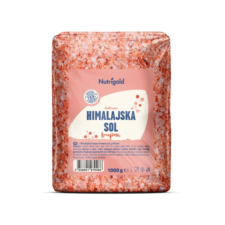 Nutrigold Himalayan coarse salt in a transparent packaging of 1000g