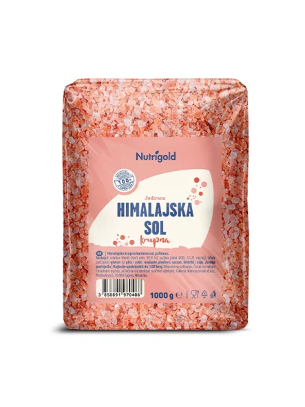 Nutrigold Himalayan coarse salt in a transparent packaging of 1000g