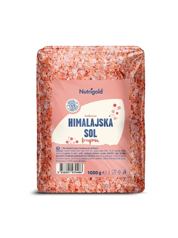 Nutrigold Himalayan coarse salt in a transparent packaging of 1000g
