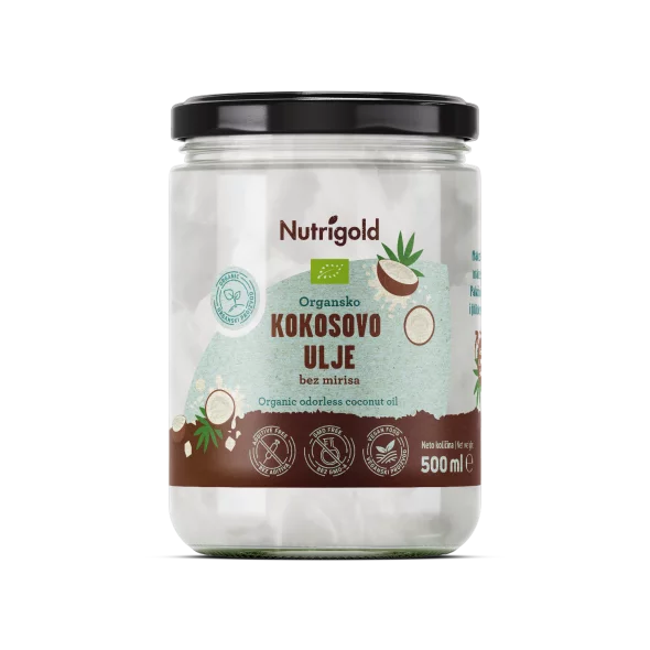 Nutrigold organic odourless coconut oil in a transparent glass jar of 500g