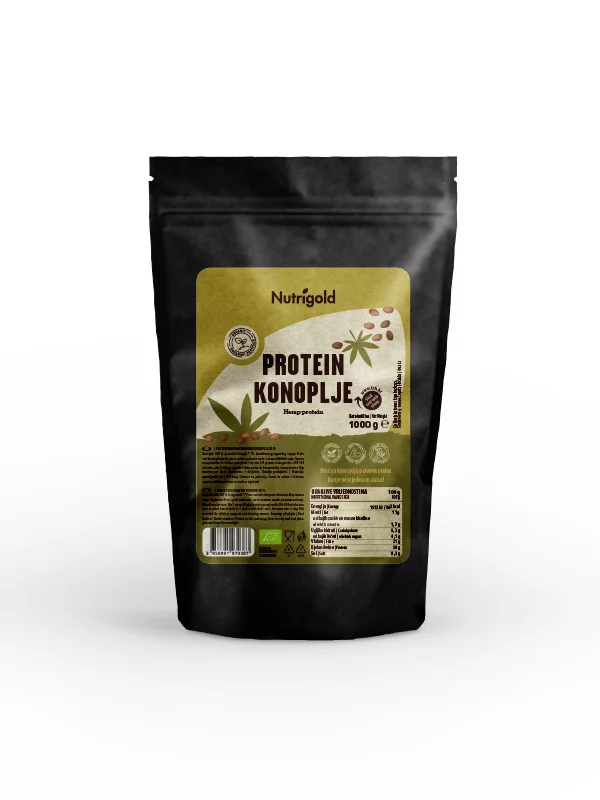Nutrigold organic hemp protein powder in a packaging of 1000g