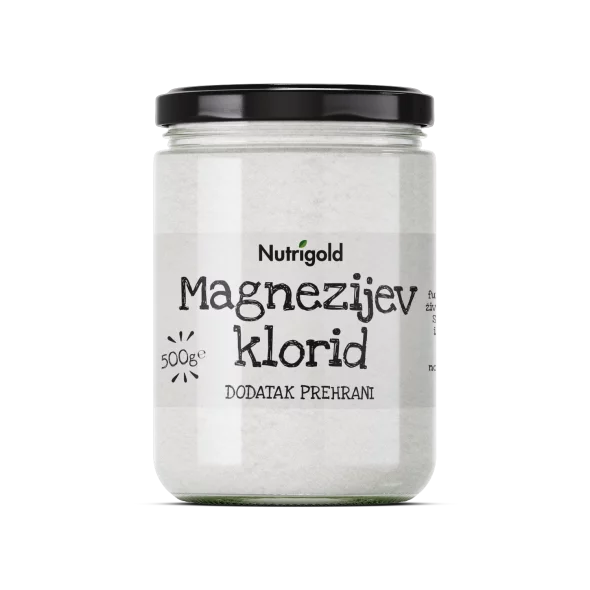 Nutrigold pure magnesium chloride in a glass jar of 500g