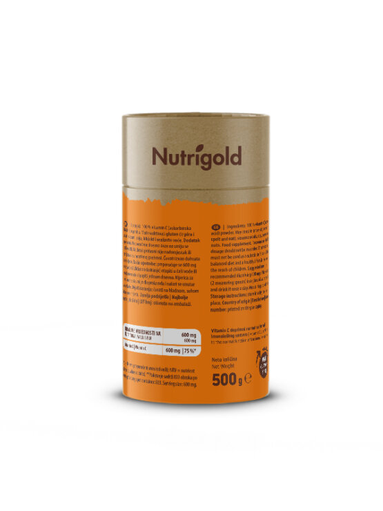 Nutrigold vitamin c powder in orange cardboard packaging of 500g