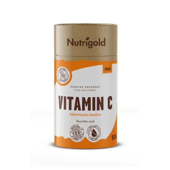 Nutrigold vitamin c powder in orange cardboard packaging of 500g