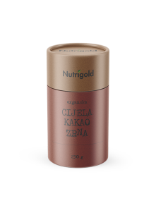 Nutrigold organic whole cocoa beans in a cylinder-shaped cardboard packaging of 250g
