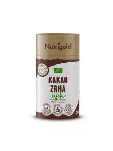 Nutrigold organic whole cocoa beans in a cylinder-shaped cardboard packaging of 250g