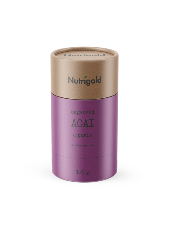 Nutrigold organic acai powder in a purple cardboard container of 125g