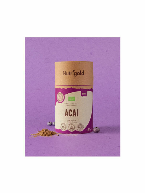 Nutrigold organic acai powder in a purple cardboard container of 125g