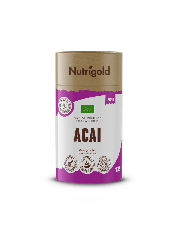 Nutrigold organic acai powder in a purple cardboard container of 125g