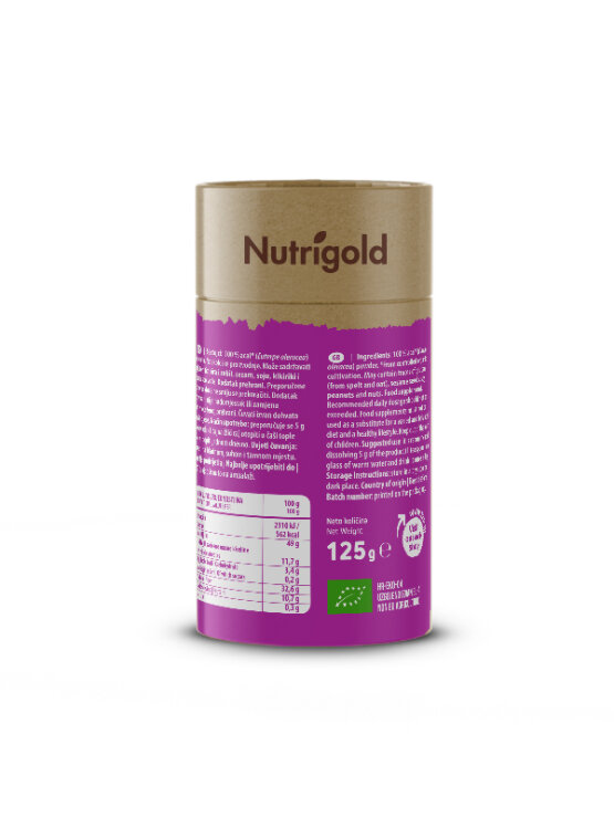 Nutrigold organic acai powder in a purple cardboard container of 125g