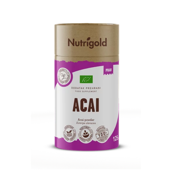 Nutrigold organic acai powder in a purple cardboard container of 125g