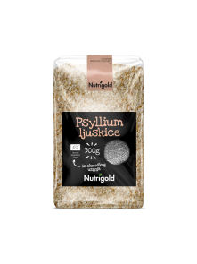 Nutrigold organic psyllium husks in a transparent packaging of 300g