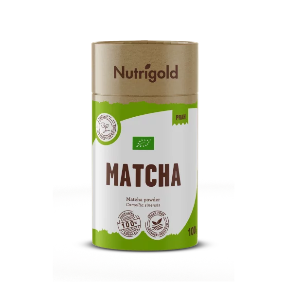 Nutrigold organic matcha powder in green cardboard cylinder shape packaging of 100g