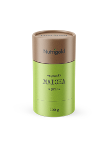 Nutrigold organic matcha powder in green cardboard cylinder shape packaging of 100g