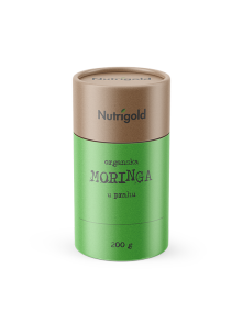 Nutrigold organic moringa powder in green cardboard cylinder shaped packaging of 200g