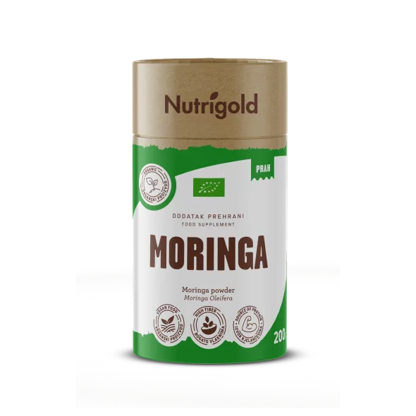 Nutrigold organic moringa powder in green cardboard cylinder shaped packaging of 200g
