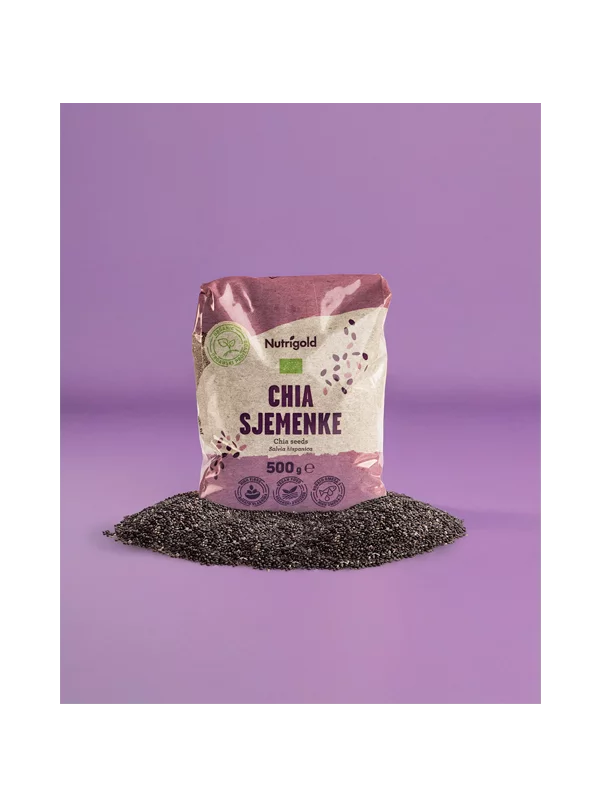 Organske Nutrigold chia sjemenke u prozirnoj ambalaži od 500 grama