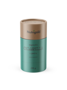 Nutrigold organic chlorella powder in cylinder shaped packaging of 250g