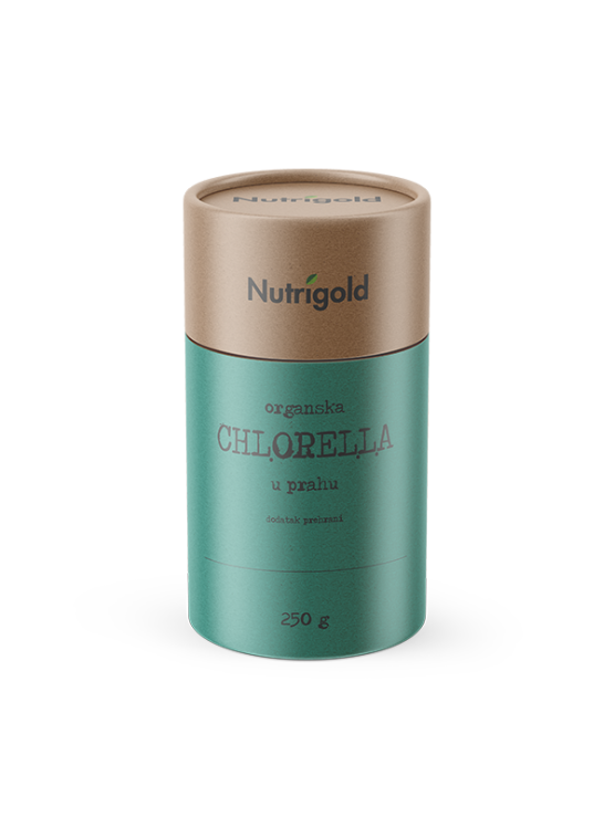 Nutrigold organic chlorella powder in cylinder shaped packaging of 250g