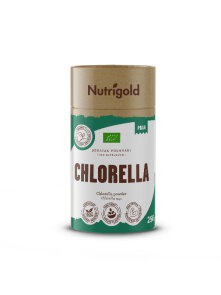 Nutrigold organic chlorella powder in cylinder shaped packaging of 250g