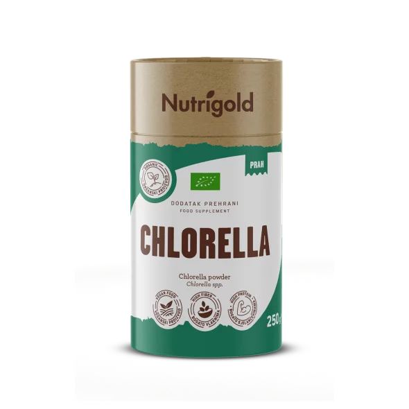 Nutrigold organic chlorella powder in cylinder shaped packaging of 250g