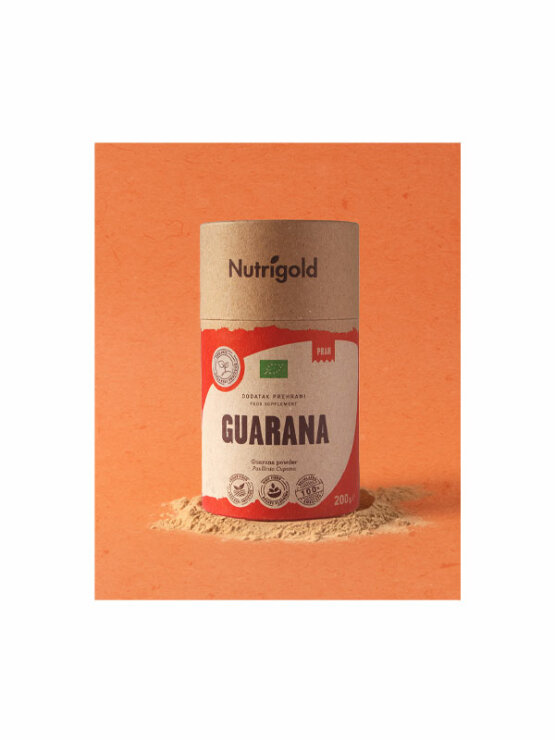 Nutrigold organic guarana powder in a cylinder shaped packaging containing 200g