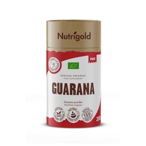 Nutrigold organic guarana powder in a cylinder shaped packaging containing 200g