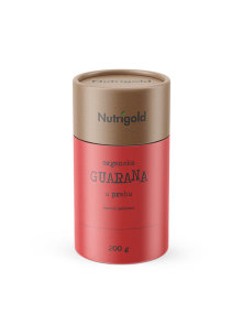 Nutrigold organic guarana powder in a cylinder shaped packaging containing 200g