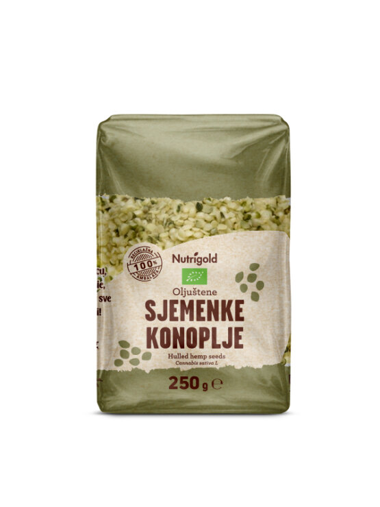 Nutrigold organic hulled hemp seeds in a packaging of 250g