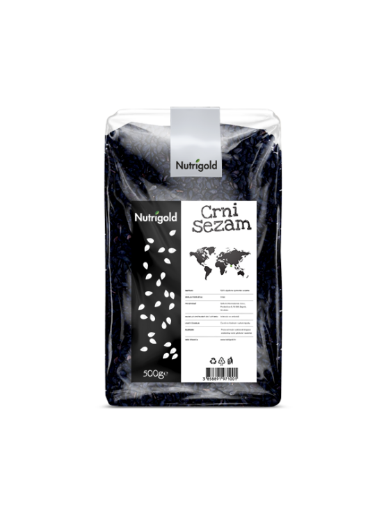 Nutrigold black sesame seeds in a transparent packaging of 500g