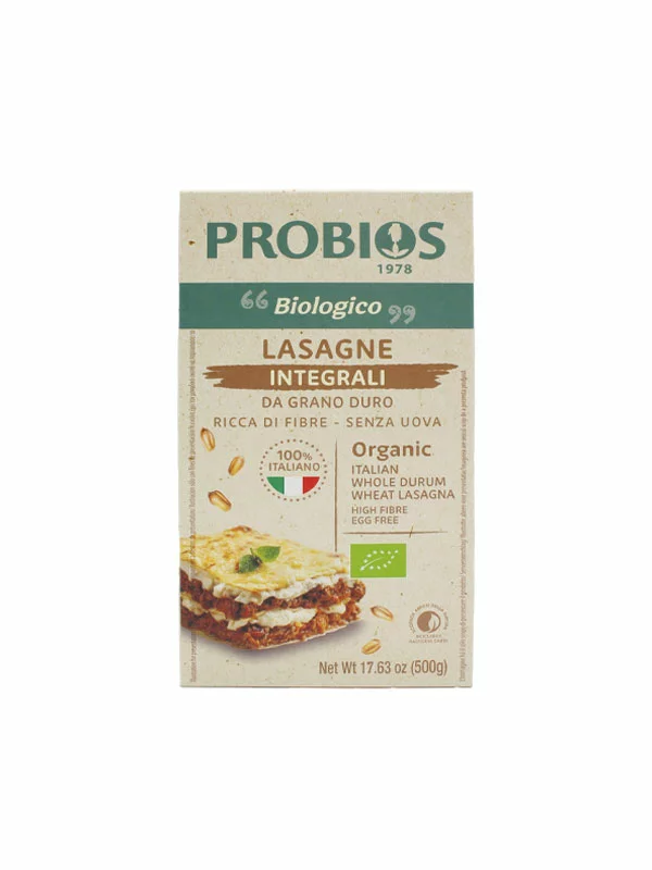 Probios organic whole grain durum wheat lasagna in a cardboard packaging of 500g.