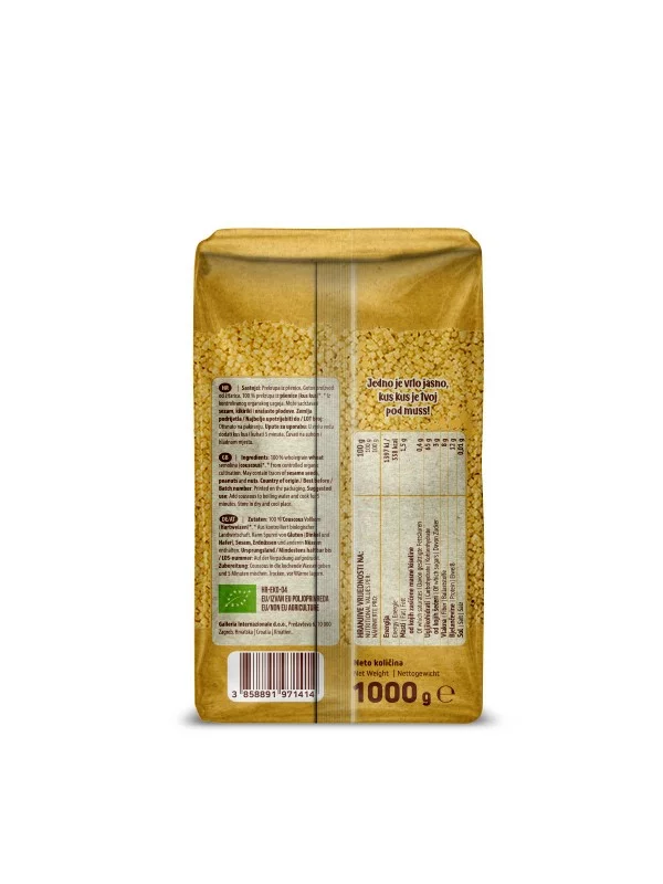 Nutrigold organic whole grain couscous in a transparent packaging of 1kg